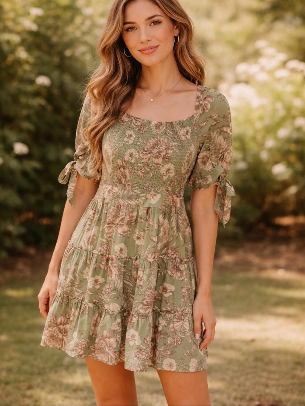 Agua Bendita Floral Smocked Square-Neck Mini Dress - Sage Green